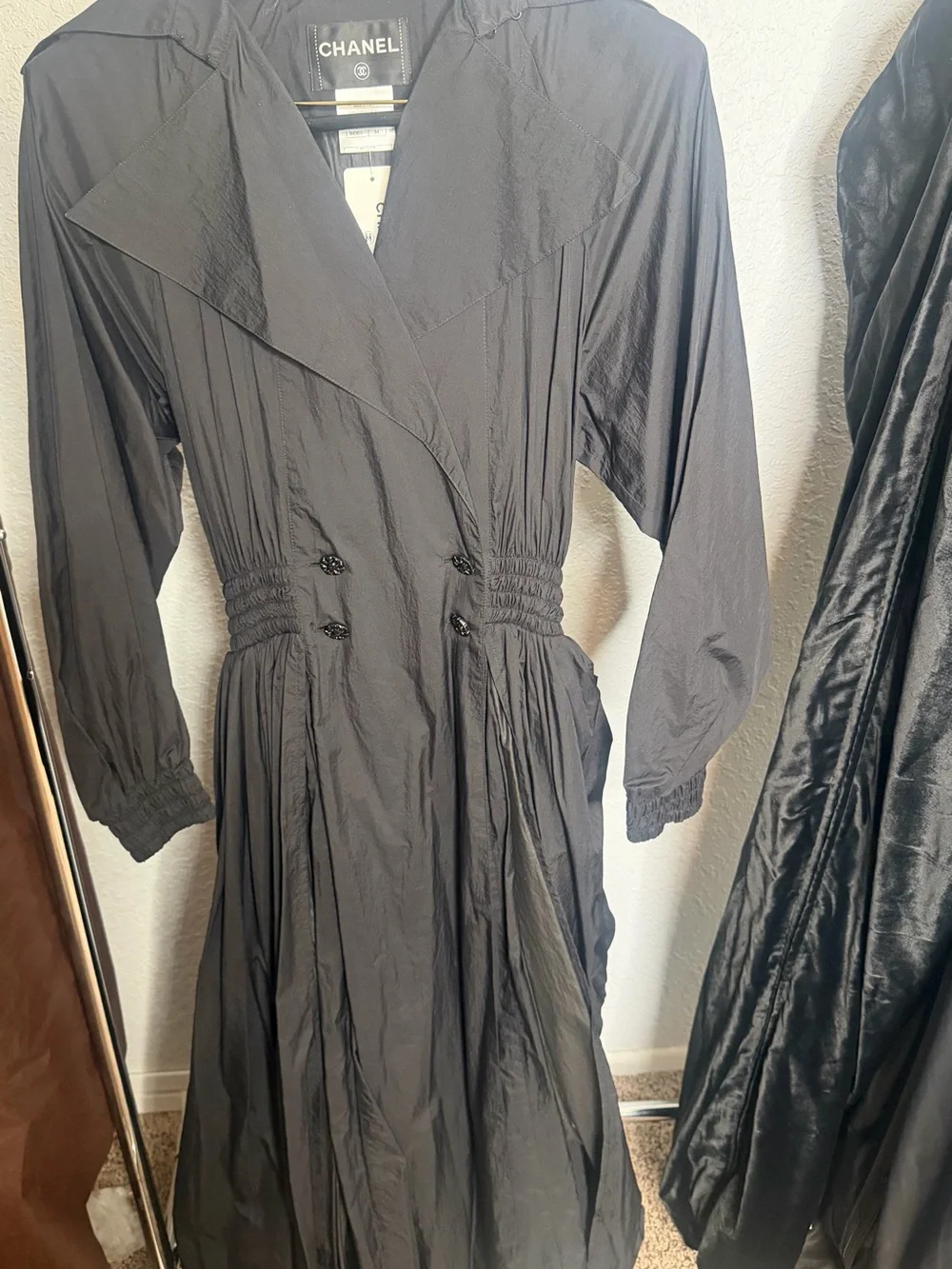 CHANEL Black Long Sleeve Nylon Oversize Trench- Coat Style Dress